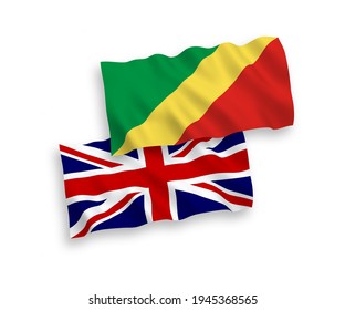 National vector fabric wave flags of Great Britain and Republic of the Congo isolated on white background. 1 to 2 proportion.