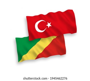 National vector fabric wave flags of Turkey and Republic of the Congo isolated on white background. 1 to 2 proportion.