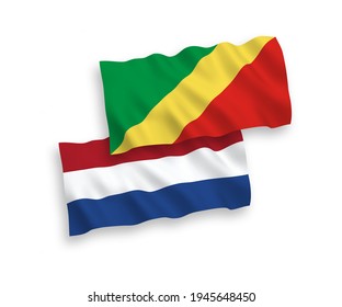 National vector fabric wave flags of Republic of the Congo and Netherlands isolated on white background. 1 to 2 proportion.