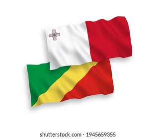 National vector fabric wave flags of Malta and Republic of the Congo isolated on white background. 1 to 2 proportion.