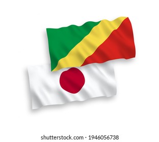 Banderas de ondulación de tela vectorial nacional del Japón y la República del Congo aisladas de fondo blanco. de 1 a 2.