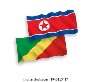 National vector fabric wave flags of North Korea and Republic of the Congo isolated on white background. 1 to 2 proportion.
