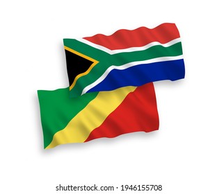 National vector fabric wave flags of Republic of the Congo and Republic of South Africa isolated on white background. 1 to 2 proportion.