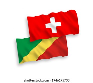 National vector fabric wave flags of Republic of the Congo and Switzerland isolated on white background. 1 to 2 proportion.