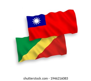 National vector fabric wave flags of Republic of the Congo and Taiwan isolated on white background. 1 to 2 proportion.