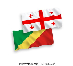 National vector fabric wave flags of Republic of the Congo and Georgia isolated on white background. 1 to 2 proportion.