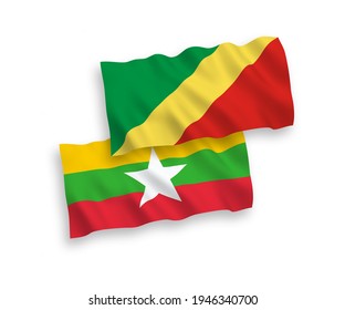 National vector fabric wave flags of Republic of the Congo and Myanmar isolated on white background. 1 to 2 proportion.