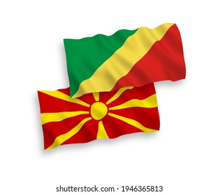 National vector fabric wave flags of Republic of the Congo and North Macedonia isolated on white background. 1 to 2 proportion.