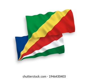 National vector fabric wave flags of Republic of the Congo and Seychelles isolated on white background. 1 to 2 proportion.