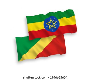National vector fabric wave flags of Republic of the Congo and Ethiopia isolated on white background. 1 to 2 proportion.