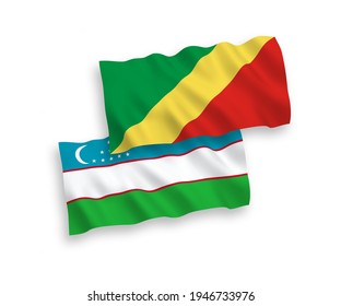 National vector fabric wave flags of Republic of the Congo and Uzbekistan isolated on white background. 1 to 2 proportion.