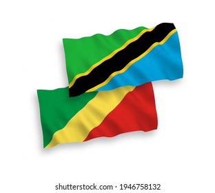 National vector fabric wave flags of Republic of the Congo and Tanzania isolated on white background. 1 to 2 proportion.