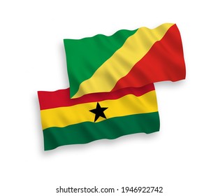 National vector fabric wave flags of Republic of the Congo and Ghana isolated on white background. 1 to 2 proportion.