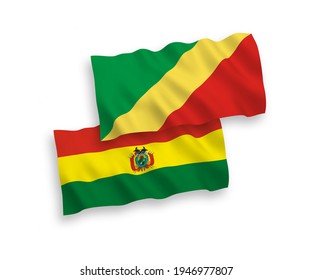 National vector fabric wave flags of Republic of the Congo and Bolivia isolated on white background. 1 to 2 proportion.