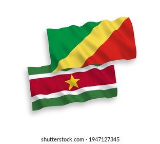 National vector fabric wave flags of Republic of the Congo and Republic of Suriname isolated on white background. 1 to 2 proportion.