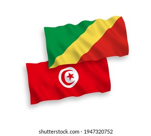 National vector fabric wave flags of Republic of the Congo and Republic of Tunisia isolated on white background. 1 to 2 proportion.