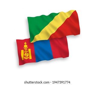 National vector fabric wave flags of Republic of the Congo and Mongolia isolated on white background. 1 to 2 proportion.