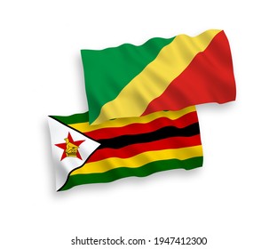National vector fabric wave flags of Republic of the Congo and Zimbabwe isolated on white background. 1 to 2 proportion.