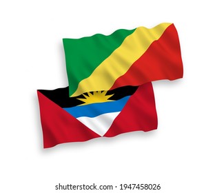 National vector fabric wave flags of Republic of the Congo and Antigua and Barbuda isolated on white background. 1 to 2 proportion.
