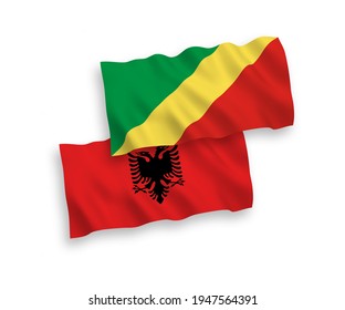 Banderas de olas de tela vectorial nacional de la República del Congo y Albania aisladas en fondo blanco. de 1 a 2.