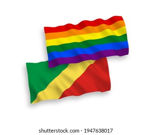 National vector fabric wave flags of Republic of the Congo and Rainbow gay pride isolated on white background. 1 to 2 proportion.
