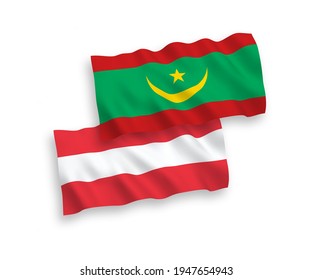 Banderas de ondulación de tela vectorial nacional de Austria y la República Islámica de Mauritania aisladas de fondo blanco. de 1 a 2.