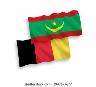 National vector fabric wave flags of Islamic Republic of Mauritania and Belgium isolated on white background. 1 to 2 proportion.