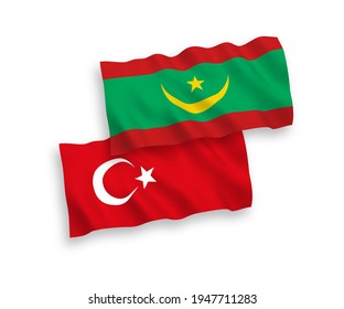 National vector fabric wave flags of Turkey and Islamic Republic of Mauritania isolated on white background. 1 to 2 proportion.