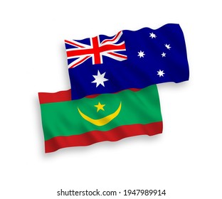 Banderas de ondulación de tela vectorial nacional de Australia y la República Islámica de Mauritania aisladas de fondo blanco. de 1 a 2.
