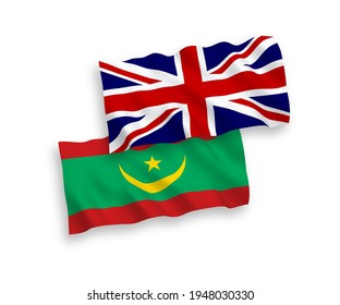 National vector fabric wave flags of Great Britain and Islamic Republic of Mauritania isolated on white background. 1 to 2 proportion.