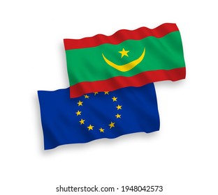 National vector fabric wave flags of European Union and Islamic Republic of Mauritania isolated on white background. 1 to 2 proportion.