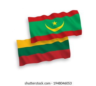 National vector fabric wave flags of Lithuania and Islamic Republic of Mauritania isolated on white background. 1 to 2 proportion.