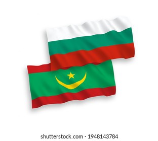 National vector fabric wave flags of Bulgaria and Islamic Republic of Mauritania isolated on white background. 1 to 2 proportion.