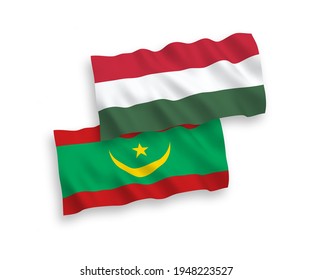 National vector fabric wave flags of Islamic Republic of Mauritania and Hungary isolated on white background. 1 to 2 proportion.