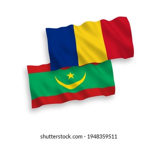 Banderas de olas de tela vectorial nacional de Rumania y la República Islámica de Mauritania aisladas en fondo blanco. de 1 a 2.