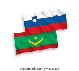 National vector fabric wave flags of Slovenia and Islamic Republic of Mauritania isolated on white background. 1 to 2 proportion.