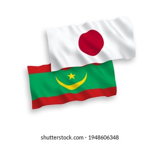 Nationale Vektor-Wellen-Flaggen von Japan und der Islamischen Republik Mauretanien einzeln auf weißem Hintergrund. 1 bis 2 %.