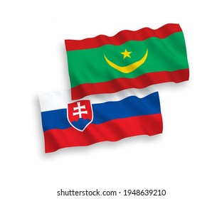 National vector fabric wave flags of Slovakia and Islamic Republic of Mauritania isolated on white background. 1 to 2 proportion.