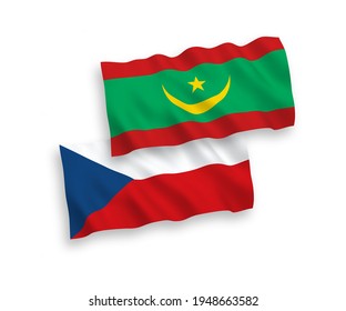 Banderas de ondulación de tela vectorial nacional de la República Checa y la República Islámica de Mauritania aisladas de fondo blanco. de 1 a 2.