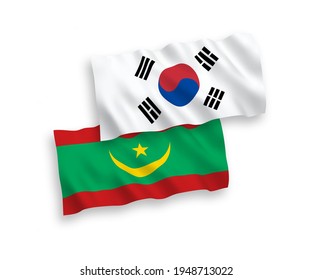 Banderas de olas de tela vectorial nacional de Corea del Sur y la República Islámica de Mauritania aisladas en fondo blanco. de 1 a 2.