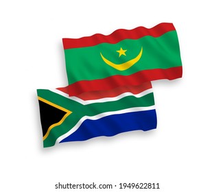 National vector fabric wave flags of Islamic Republic of Mauritania and Republic of South Africa isolated on white background. 1 to 2 proportion.