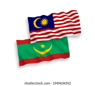 National vector fabric wave flags of Islamic Republic of Mauritania and Malaysia isolated on white background. 1 to 2 proportion.