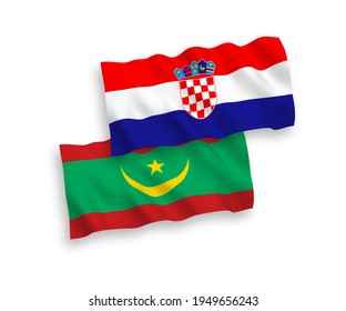 Banderas de olas de tela vectorial nacional de la República Islámica de Mauritania y Croacia aisladas en fondo blanco. de 1 a 2.