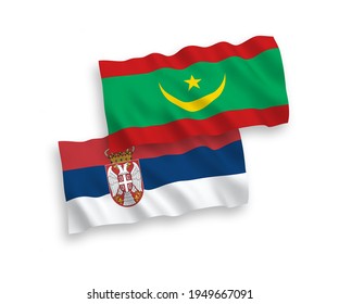 National vector fabric wave flags of Islamic Republic of Mauritania and Serbia isolated on white background. 1 to 2 proportion.