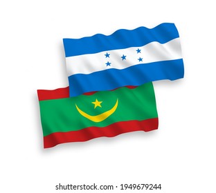 National vector fabric wave flags of Islamic Republic of Mauritania and Honduras isolated on white background. 1 to 2 proportion.