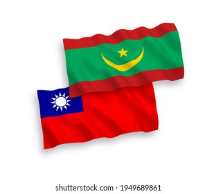 National vector fabric wave flags of Islamic Republic of Mauritania and Taiwan isolated on white background. 1 to 2 proportion.