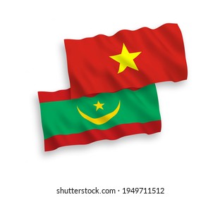 Banderas nacionales de tela vectorial ondeando banderas de la República Islámica de Mauritania y Vietnam aisladas en fondo blanco. de 1 a 2.