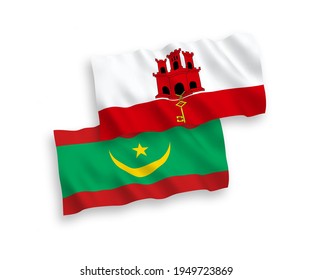 National vector fabric wave flags of Islamic Republic of Mauritania and Gibraltar isolated on white background. 1 to 2 proportion.