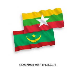 Banderas de olas de tela vectorial nacional de la República Islámica de Mauritania y Myanmar aisladas en fondo blanco. de 1 a 2.
