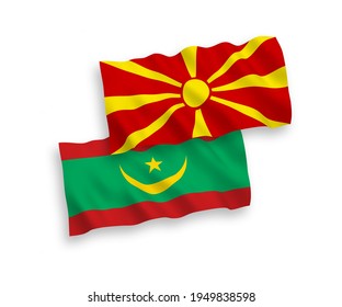 Banderas de olas de tela vectorial nacional de la República Islámica de Mauritania y el norte de Macedonia aisladas en fondo blanco. de 1 a 2.